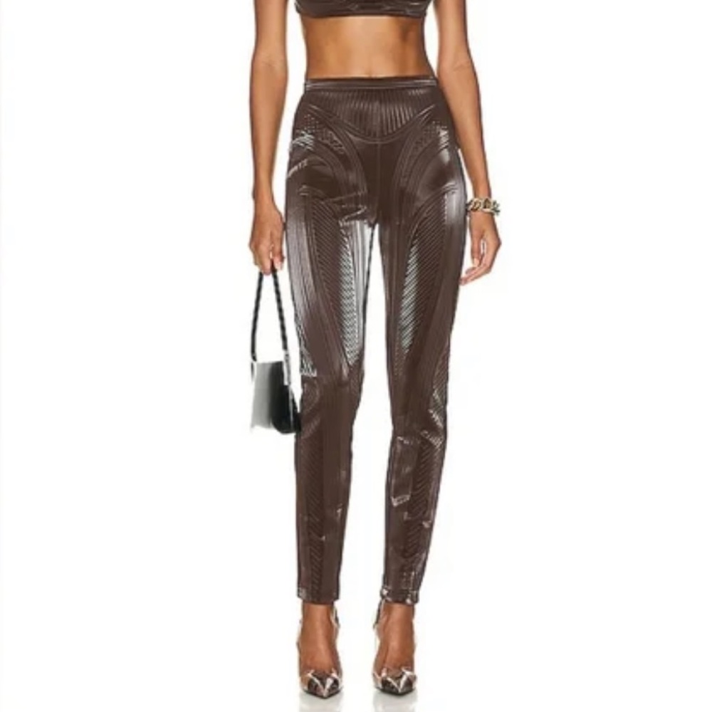 Mugler Brown Glossy Embossed Stretch Leggings NWOT